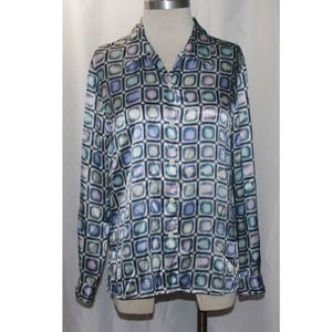 Lee David Collection Blue Satin Geometric Print Button Up Blouse Size S